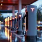 Cargadores eléctricos de Tesla en una estación de carga