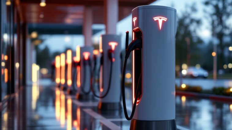 Cargadores eléctricos de Tesla en una estación de carga