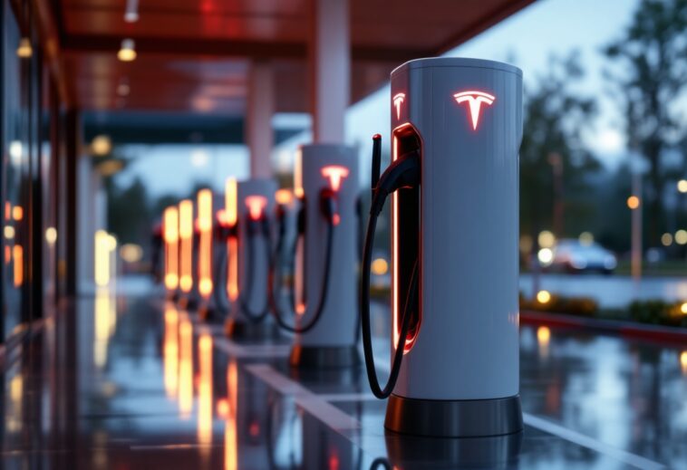 Cargadores eléctricos de Tesla en una estación de carga