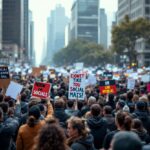 Manifestantes en Nueva York protestando contra Trump y Musk